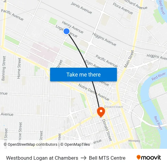 Westbound Logan at Chambers to Bell MTS Centre map