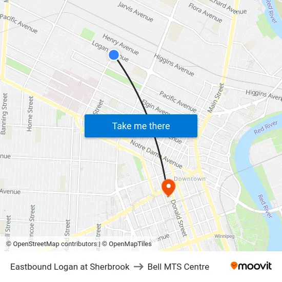 Eastbound Logan at Sherbrook to Bell MTS Centre map