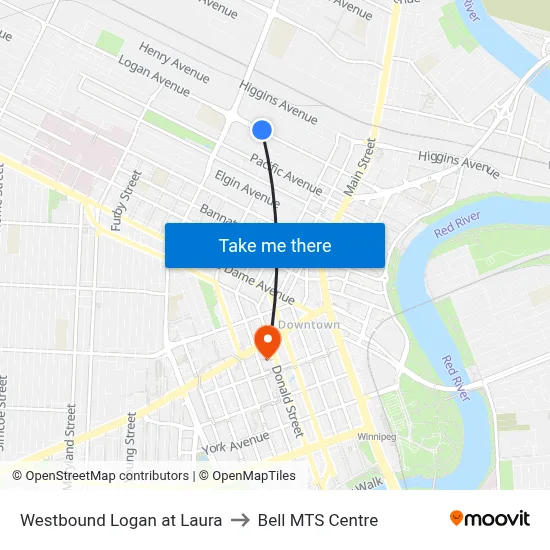 Westbound Logan at Laura to Bell MTS Centre map