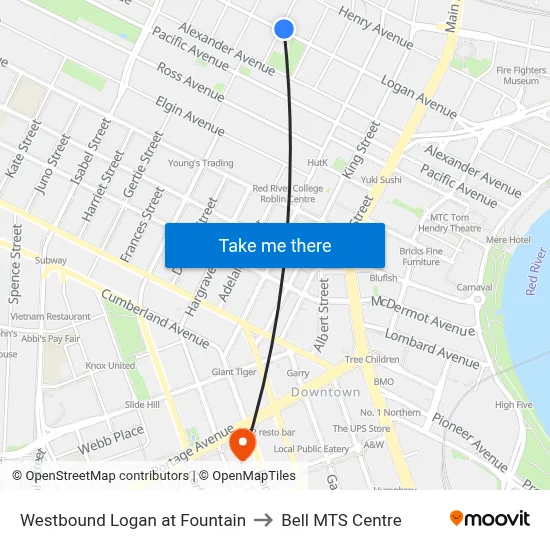 Westbound Logan at Fountain to Bell MTS Centre map