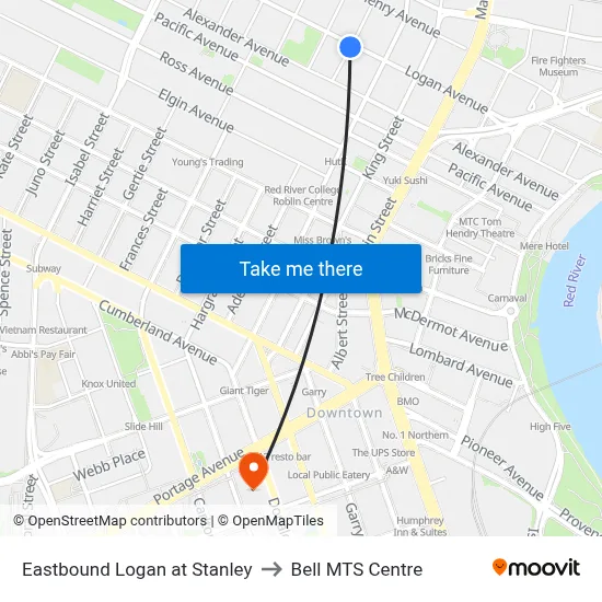 Eastbound Logan at Stanley to Bell MTS Centre map