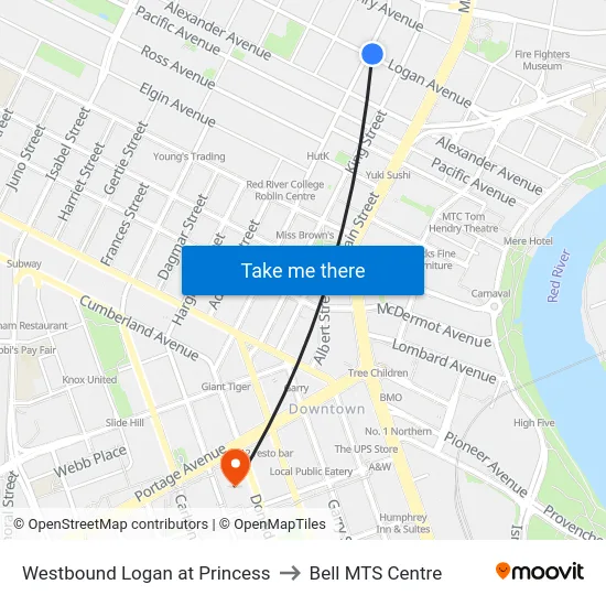 Westbound Logan at Princess to Bell MTS Centre map