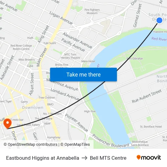 Eastbound Higgins at Annabella to Bell MTS Centre map