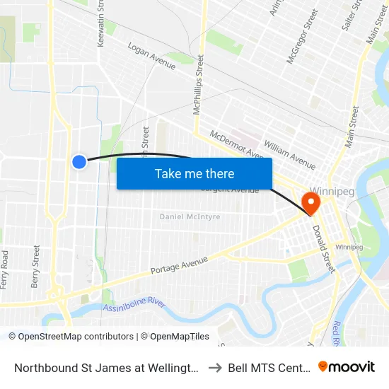 Northbound St James at Wellington to Bell MTS Centre map