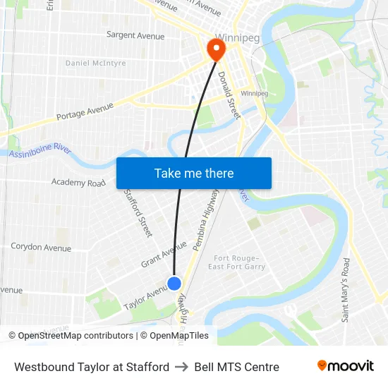 Westbound Taylor at Stafford to Bell MTS Centre map