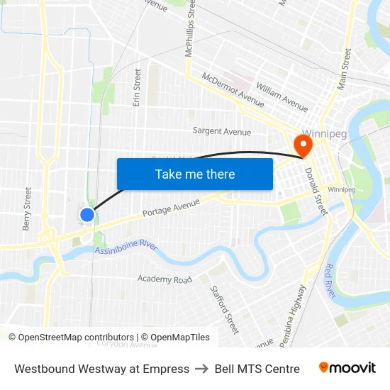 Westbound Westway at Empress to Bell MTS Centre map