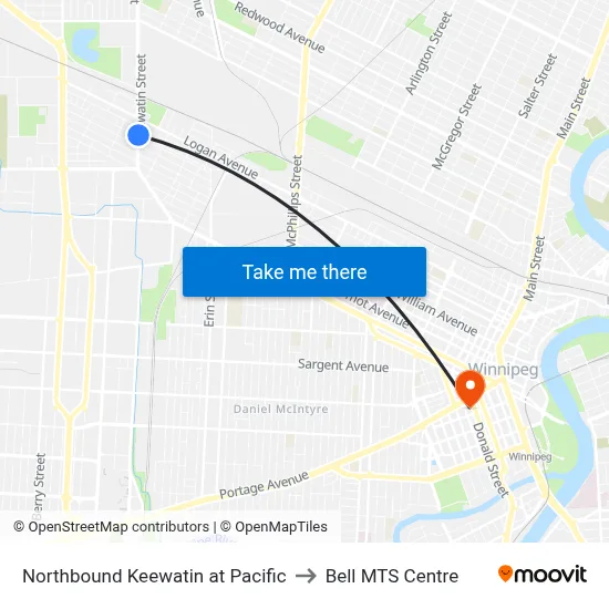Northbound Keewatin at Pacific to Bell MTS Centre map