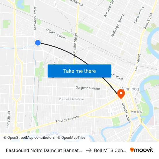 Eastbound Notre Dame at Bannatyne to Bell MTS Centre map