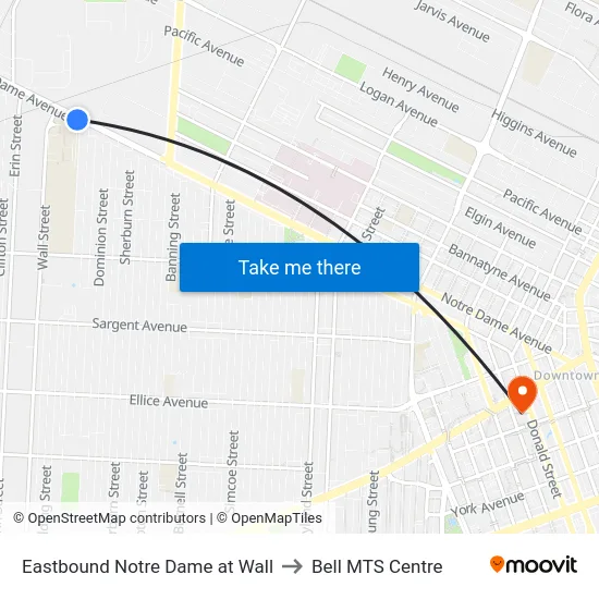 Eastbound Notre Dame at Wall to Bell MTS Centre map
