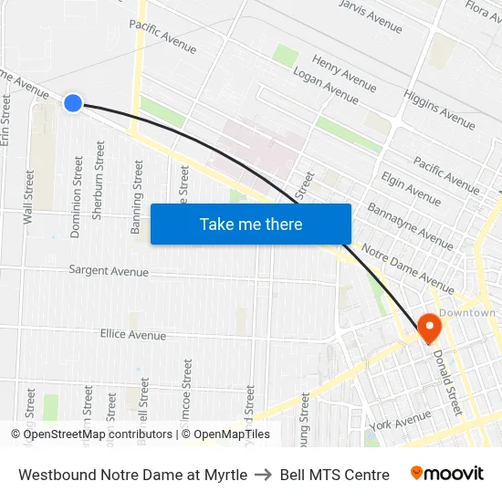 Westbound Notre Dame at Myrtle to Bell MTS Centre map