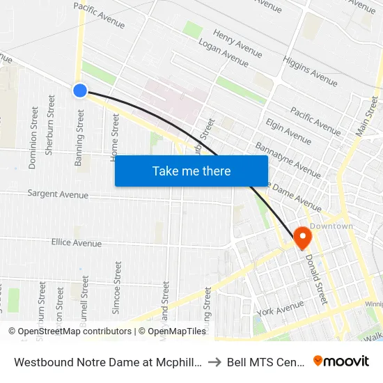 Westbound Notre Dame at Mcphillips to Bell MTS Centre map