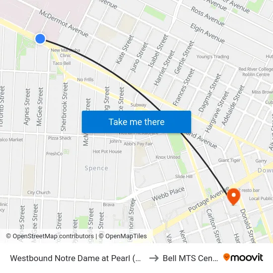 Westbound Notre Dame at Pearl (Hsc) to Bell MTS Centre map