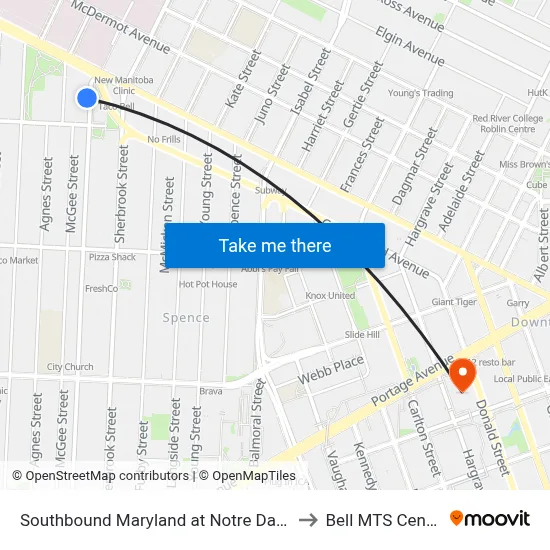 Southbound Maryland at Notre Dame to Bell MTS Centre map
