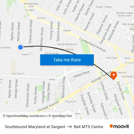 Southbound Maryland at Sargent to Bell MTS Centre map