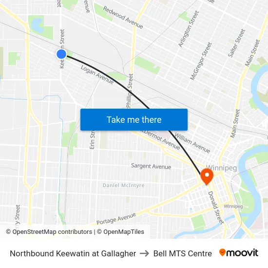Northbound Keewatin at Gallagher to Bell MTS Centre map