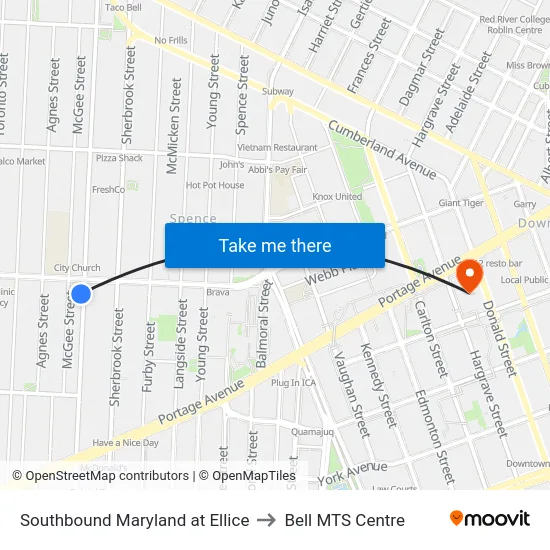 Southbound Maryland at Ellice to Bell MTS Centre map