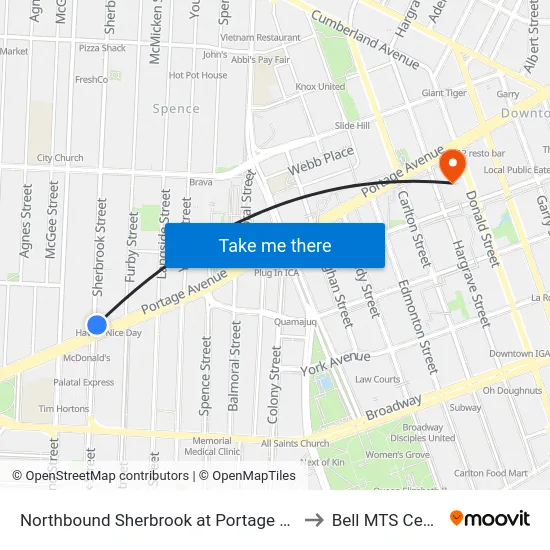 Northbound Sherbrook at Portage North to Bell MTS Centre map