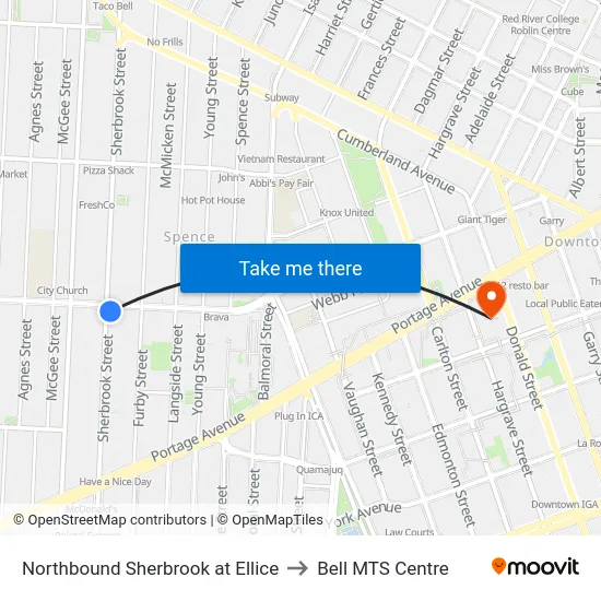 Northbound Sherbrook at Ellice to Bell MTS Centre map