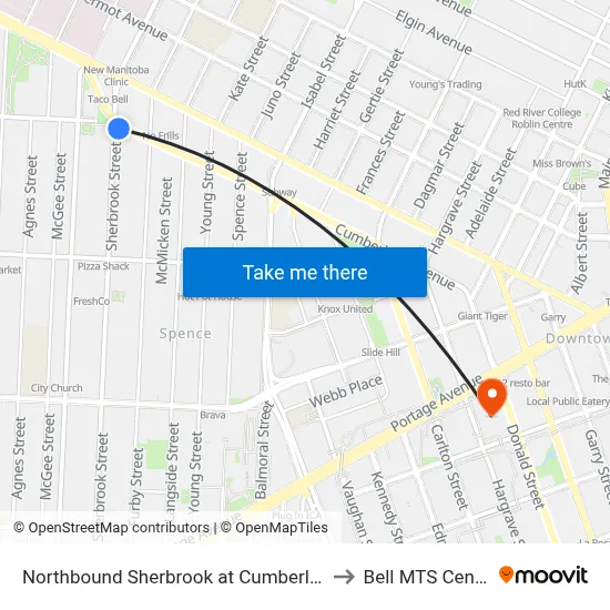 Northbound Sherbrook at Cumberland to Bell MTS Centre map