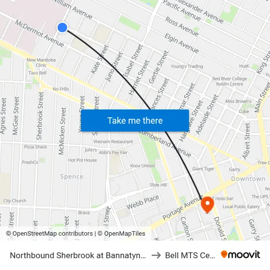 Northbound Sherbrook at Bannatyne (Hsc) to Bell MTS Centre map