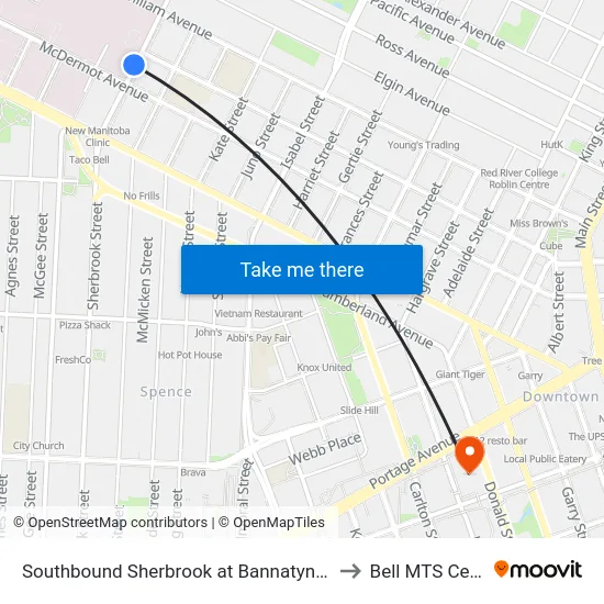 Southbound Sherbrook at Bannatyne (Hsc) to Bell MTS Centre map