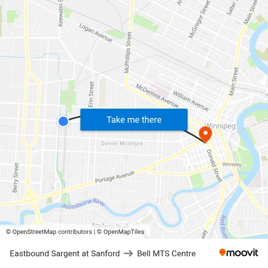 Eastbound Sargent at Sanford to Bell MTS Centre map