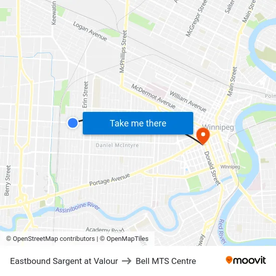 Eastbound Sargent at Valour to Bell MTS Centre map