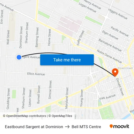 Eastbound Sargent at Dominion to Bell MTS Centre map