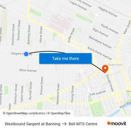 Westbound Sargent at Banning to Bell MTS Centre map