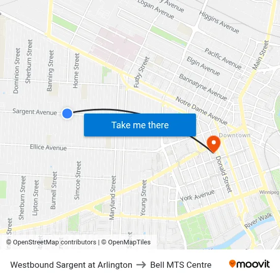 Westbound Sargent at Arlington to Bell MTS Centre map