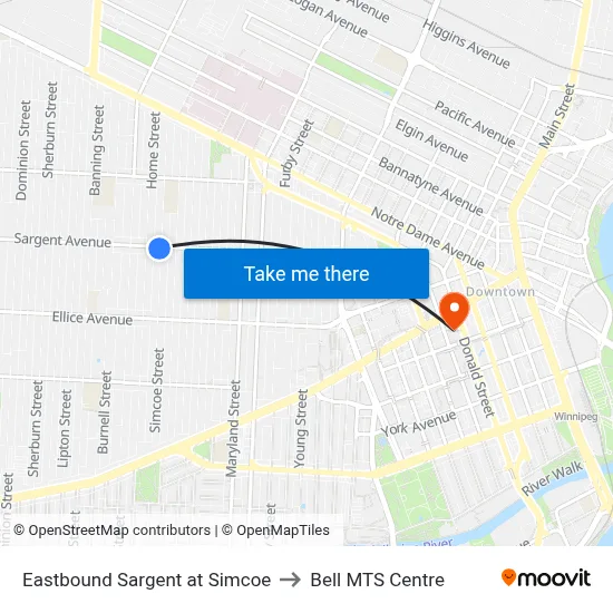 Eastbound Sargent at Simcoe to Bell MTS Centre map