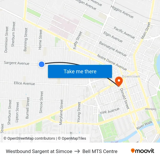 Westbound Sargent at Simcoe to Bell MTS Centre map