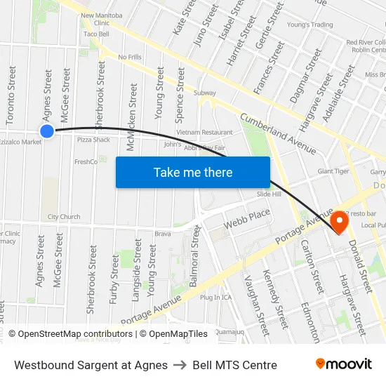 Westbound Sargent at Agnes to Bell MTS Centre map