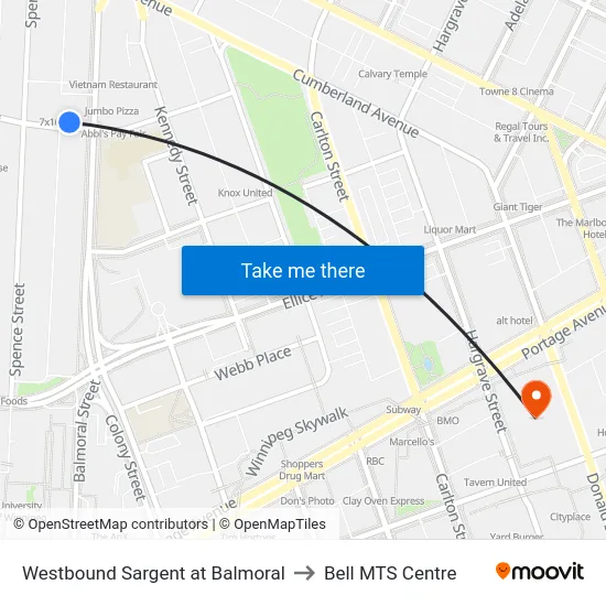 Westbound Sargent at Balmoral to Bell MTS Centre map