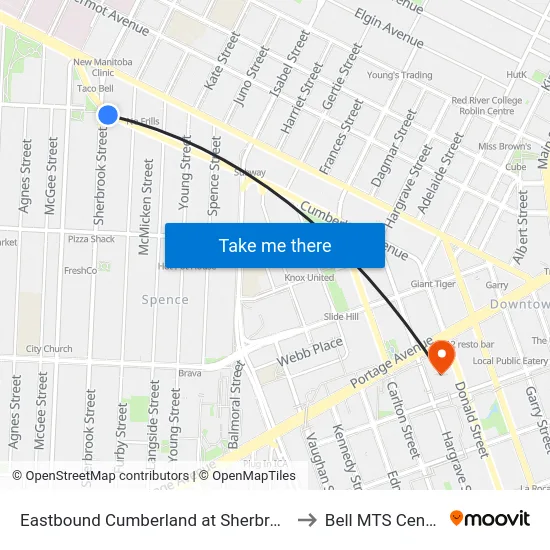 Eastbound Cumberland at Sherbrook to Bell MTS Centre map