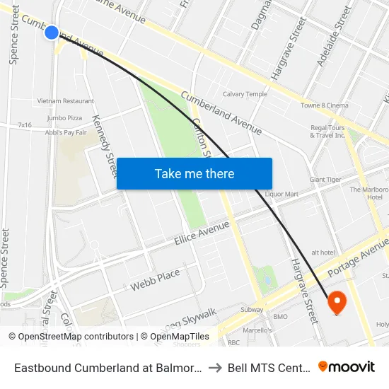 Eastbound Cumberland at Balmoral to Bell MTS Centre map