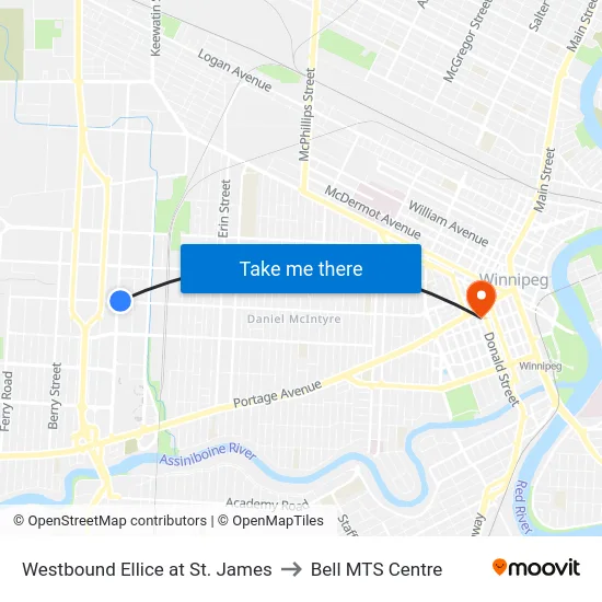Westbound Ellice at St. James to Bell MTS Centre map