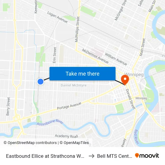Eastbound Ellice at Strathcona West to Bell MTS Centre map