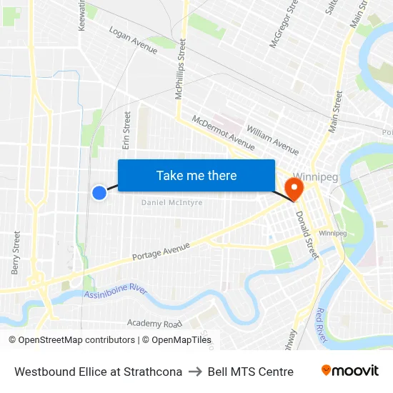 Westbound Ellice at Strathcona to Bell MTS Centre map