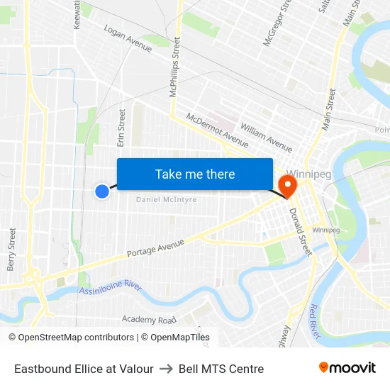 Eastbound Ellice at Valour to Bell MTS Centre map