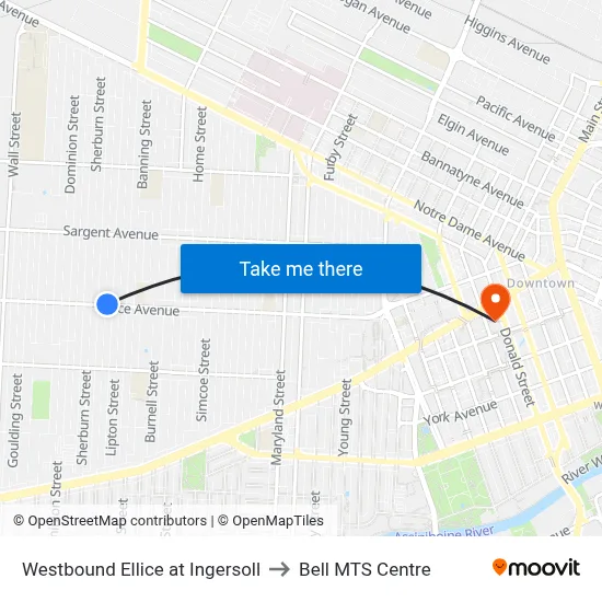 Westbound Ellice at Ingersoll to Bell MTS Centre map