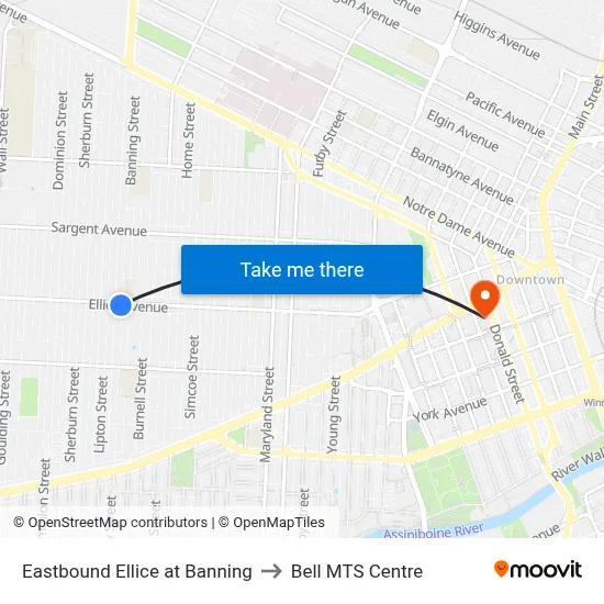 Eastbound Ellice at Banning to Bell MTS Centre map