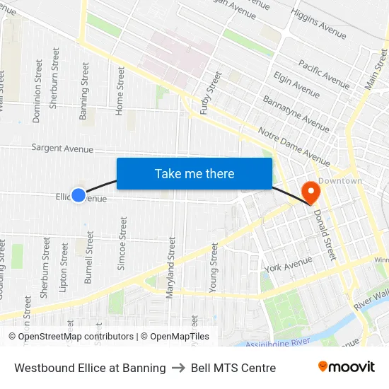 Westbound Ellice at Banning to Bell MTS Centre map