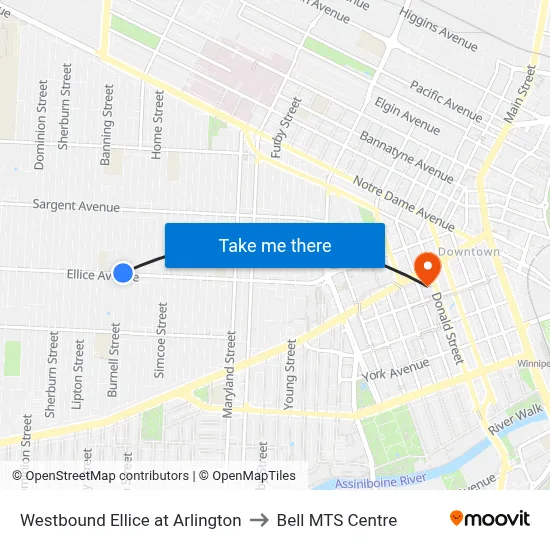 Westbound Ellice at Arlington to Bell MTS Centre map
