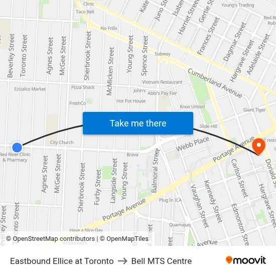 Eastbound Ellice at Toronto to Bell MTS Centre map