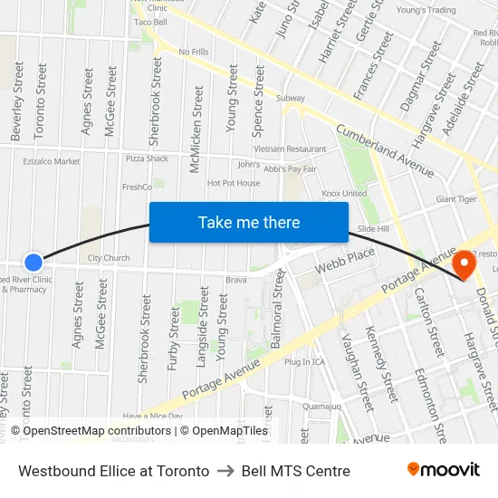 Westbound Ellice at Toronto to Bell MTS Centre map