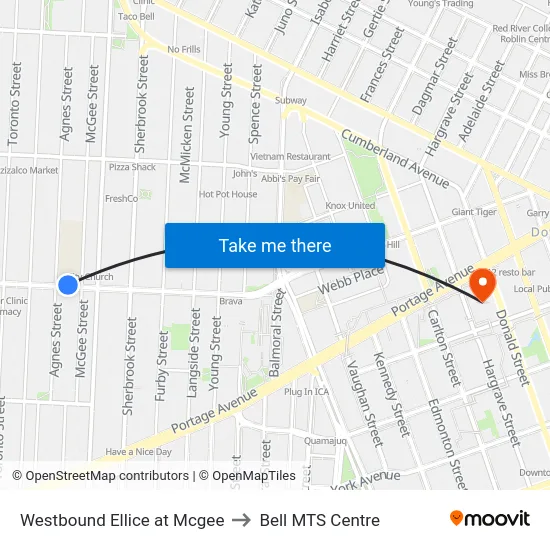 Westbound Ellice at Mcgee to Bell MTS Centre map