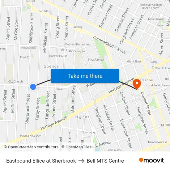 Eastbound Ellice at Sherbrook to Bell MTS Centre map