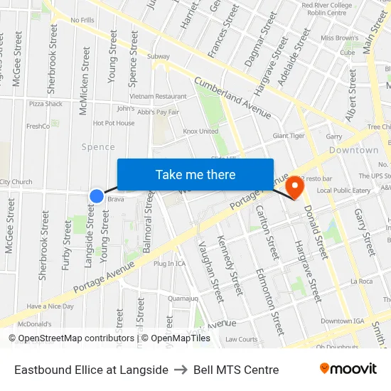 Eastbound Ellice at Langside to Bell MTS Centre map