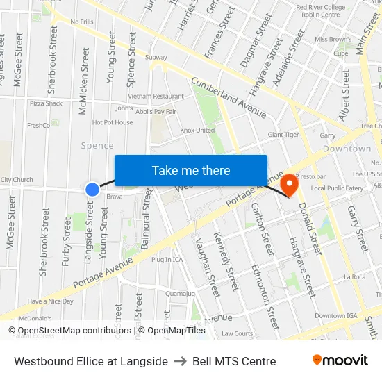 Westbound Ellice at Langside to Bell MTS Centre map